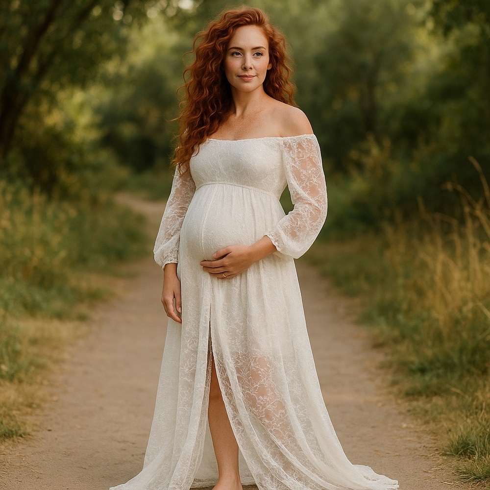 Elegant Off-Shoulder  White Lace Maternity Dress one size